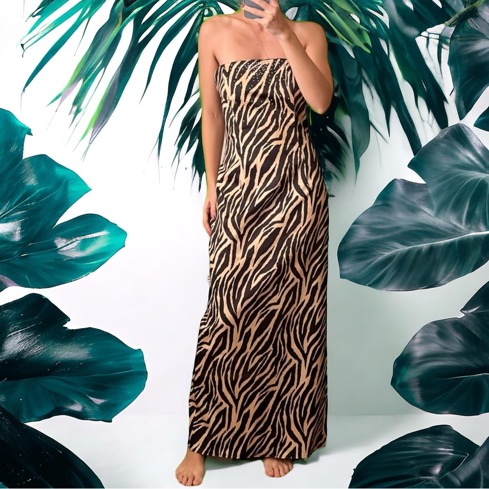 Gunne Sax Y2K Satin Animal Print Rhinestone Strapless Corset Column Maxi Dress